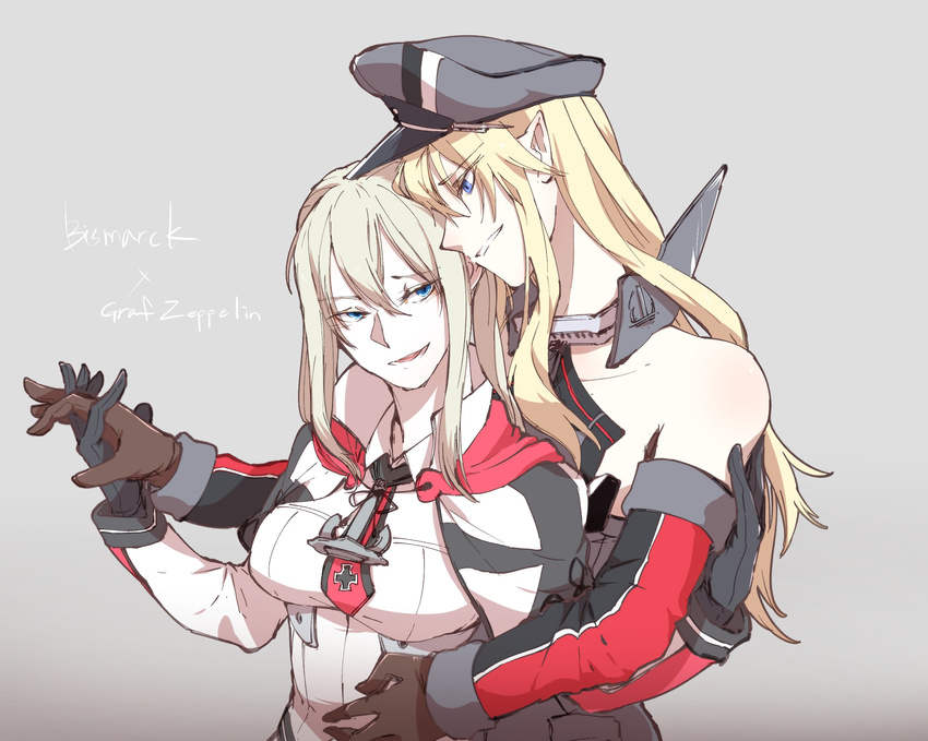 anchor_symbol bare_shoulders bismarck_(kantai_collection) black_gloves blonde_hair blue_eyes breasts capelet collarbone commentary elbow_gloves gloves graf_zeppelin_(kantai_collection) hair_between_eyes hat hat_removed headwear_removed highres interlocked_fingers iron_cross kantai_collection large_breasts long_hair long_sleeves looking_at_another military military_hat multiple_girls necktie peaked_cap simple_background smile takatsuki_nato twintails upper_body yuri