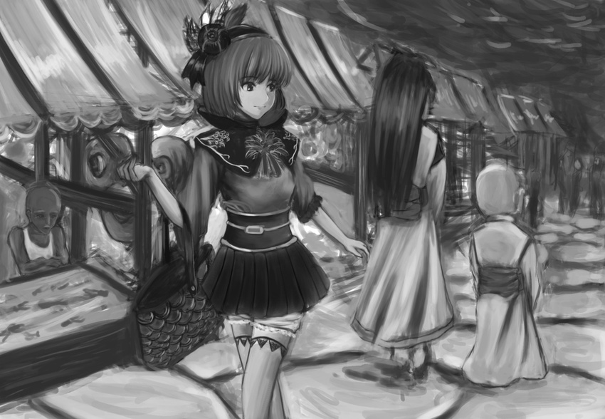 3girls bag bald bow character_request chinese_clothes from_behind greyscale hair_ornament handbag height_difference high_collar highres hosokawa_gracia long_hair looking_back market monochrome multiple_girls renyu robe sengoku_musou shopkeeper shopping short_hair skirt stone_walkway tank_top thighhighs walking zettai_ryouiki