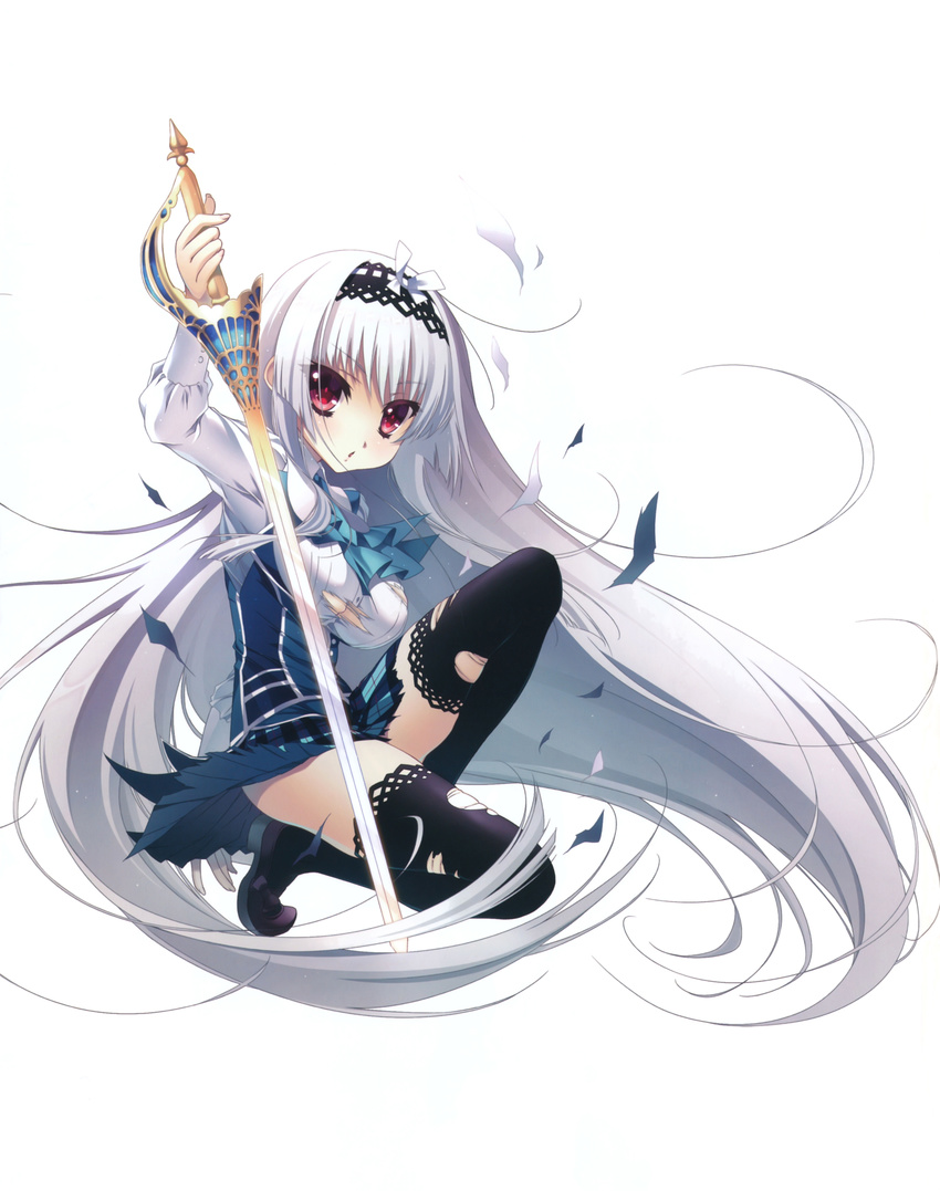 absurdres black_legwear blush breasts copyright_request full_body grey_hair hairband highres holding holding_sword holding_weapon katagiri_hinata large_breasts long_hair long_sleeves one_knee plaid plaid_skirt red_eyes simple_background skirt solo sword thighhighs torn_clothes torn_legwear very_long_hair weapon white_background
