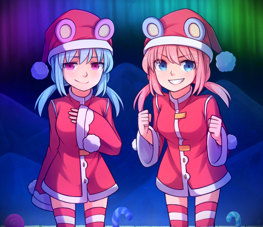 aurora blue_eyes blue_hair candy candy_cane clenched_hands coat commentary ears_through_headwear english_commentary eyebrows_visible_through_hair eyes_visible_through_hair food grin hair_between_eyes hand_on_own_chest hat highres lollipop long_hair long_sleeves looking_at_viewer low_twintails mountain nieve_(rabi_ribi) nixie_(rabi_ribi) pink_eyes pink_hair pom_pom_(clothes) rabi-ribi santa_costume santa_hat sleeves_past_wrists smile speckticuls striped striped_legwear swirl_lollipop teeth thighhighs twintails v-shaped_eyebrows wide_sleeves