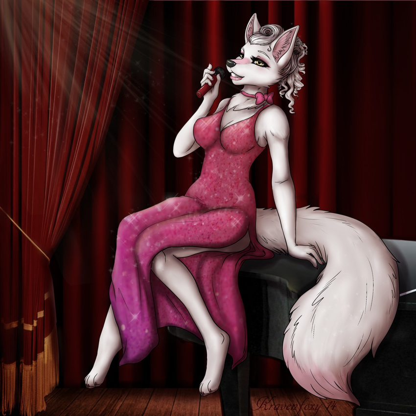 anthro barefoot bow_tie breasts canine cleavage clothed clothing dress female five_nights_at_freddy's five_nights_at_freddy's_2 fluffy fluffy_tail fox fur furrification hair kraven-gothly makeup mammal mangle_(fnaf) microphone musical_instrument piano pink_fur sitting slit_dress solo video_games white_fur white_hair yellow_eyes