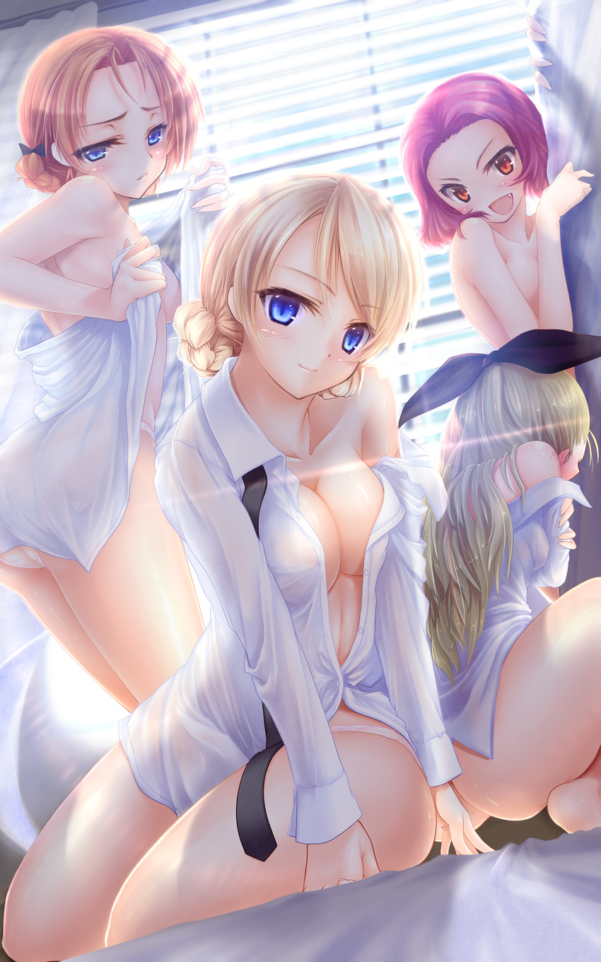 :d ass assam barefoot bed_sheet blinds blonde_hair blue_eyes blush blush_stickers bow braid breasts brown_eyes cleavage collarbone curtains darjeeling embarrassed fang from_behind girls_und_panzer gizensha hair_bow hair_ribbon head_tilt highres large_breasts long_hair looking_at_viewer medium_breasts multiple_girls naked_shirt necktie no_bra nude off_shoulder open_clothes open_mouth open_shirt orange_hair orange_pekoe panties partially_undressed purple_hair red_hair ribbon rosehip see-through shiny shiny_skin shirt short_hair sideboob sitting smile squatting sunlight towel unbuttoned unbuttoned_shirt underwear undressing white_panties white_shirt window yokozuwari