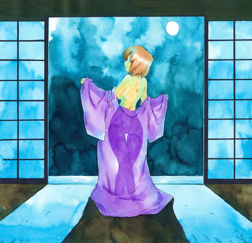 absurdres acrylic_paint_(medium) back bare_shoulders breasts brown_eyes brown_hair commentary_request eisuke_(gobangai_hole_boys) from_behind full_moon highres hips indoors ink_(medium) japanese_clothes kanzaki_sumire kimono large_breasts legs looking_at_viewer looking_back millipen_(medium) moon moonlight off_shoulder open_door paper_wall sakura_taisen see-through see-through_silhouette shadow short_hair sideboob silhouette solo standing thigh_gap traditional_media undressing w_arms