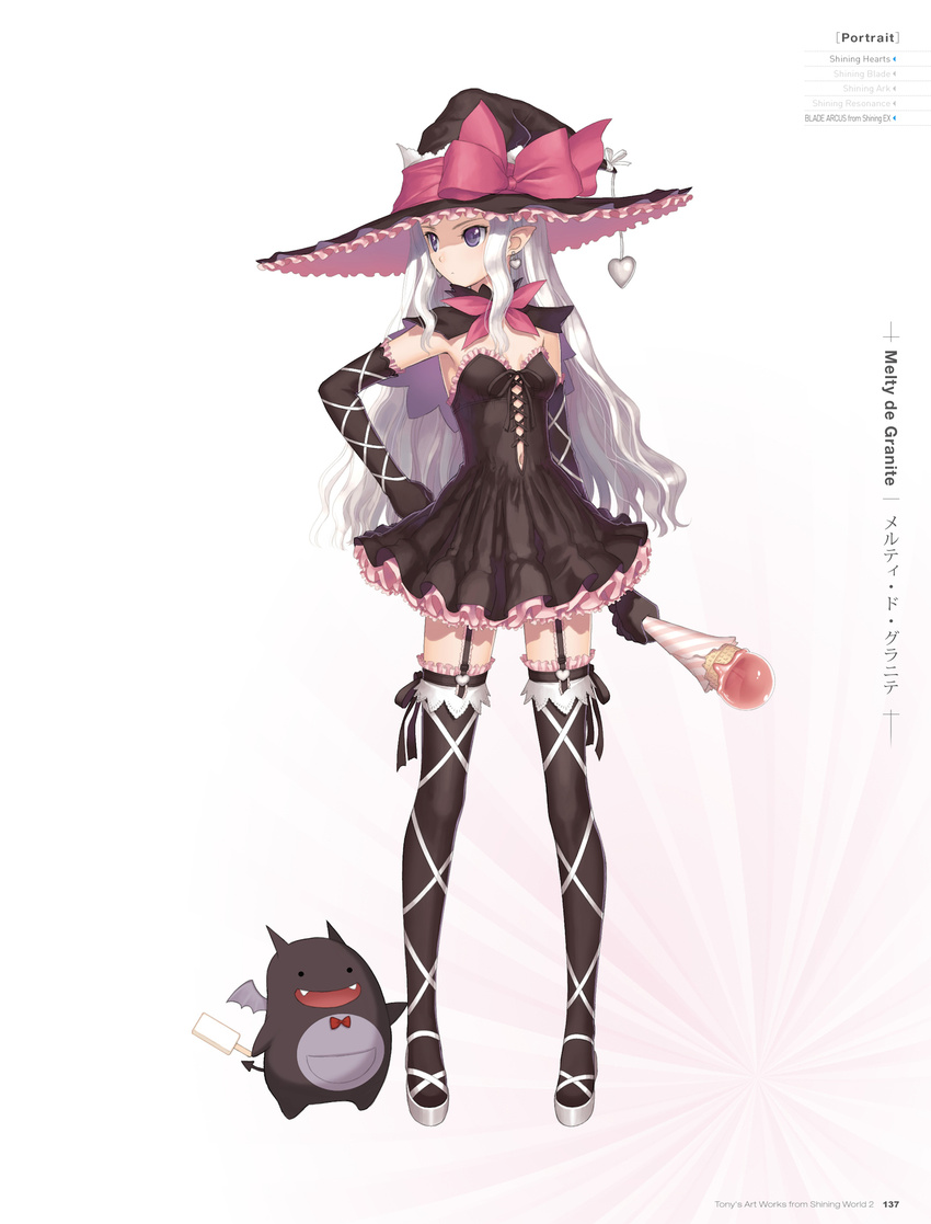 armpits artist_name black_dress black_gloves black_hat black_legwear blade_arcus_from_shining bow bowtie breasts character_name choker copyright_name demon_tail dress earrings elbow_gloves fang food full_body garter_straps gloves hand_on_hip hat heart heart_earrings highres holding holding_staff ice_cream jewelry long_hair looking_away melty_(shining_hearts) melty_de_granite open_mouth pointy_ears purple_eyes red_bow shining_(series) shining_hearts silver_hair sleeveless sleeveless_dress small_breasts solo sorbe_(shining_hearts) staff standing strapless strapless_dress tail tanaka_takayuki thighhighs witch_hat