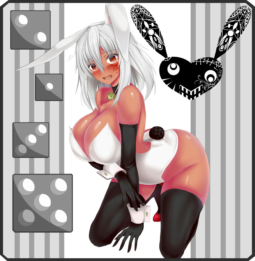 absurdres animal_ears bad_id bad_pixiv_id bell bell_choker black_border black_gloves black_legwear blush border breasts bunny_ears bunny_girl bunny_tail bunnysuit choker cleavage elbow_gloves gloves highres huge_breasts ill kneeling long_hair looking_at_viewer open_mouth original red_eyes solo tail tattoo tears thighhighs white_hair wrist_cuffs