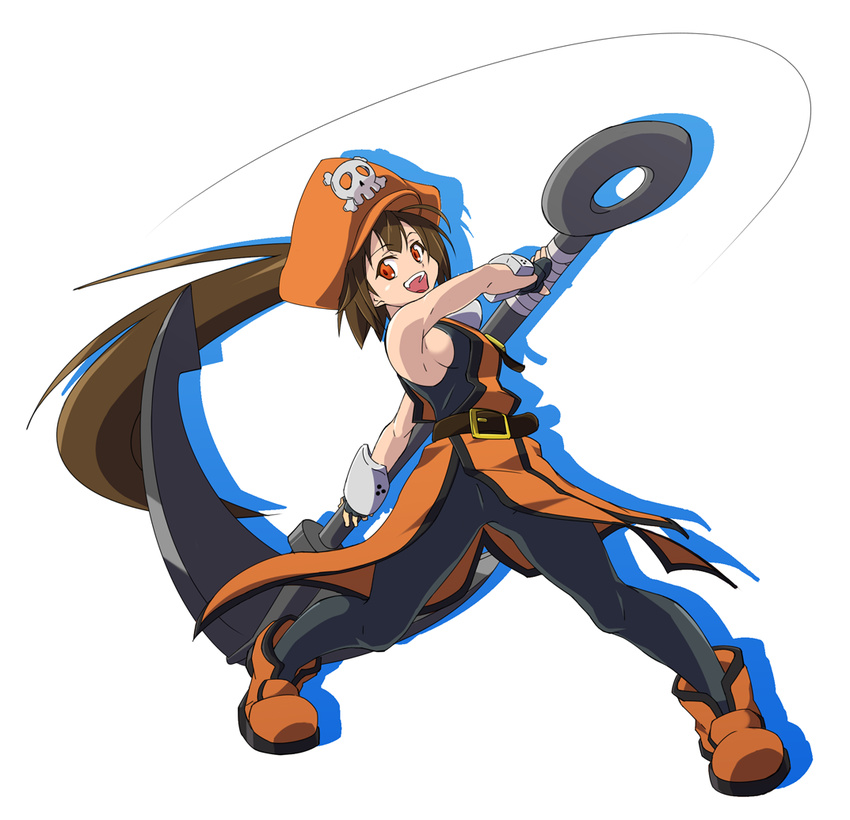 4wiw anchor ankle_boots boots breasts brown_hair fingerless_gloves full_body gloves guilty_gear hat huge_weapon long_hair may_(guilty_gear) medium_breasts orange_eyes orange_hat pantyhose pirate_hat ponytail sideboob skull_and_crossbones sleeveless smile solo weapon