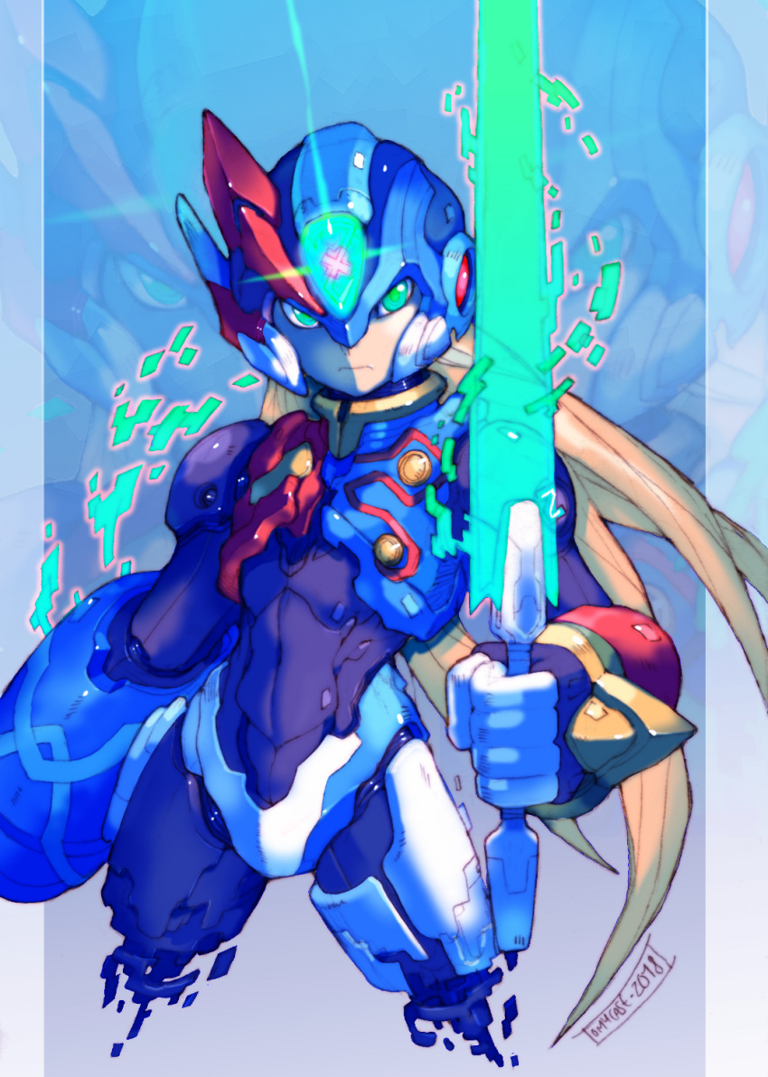 1boy android arm_cannon blonde_hair cowboy_shot cropped_legs dated energy_blade energy_sword fusion glowing green_eyes helmet highres holding holding_weapon long_hair looking_at_viewer male_focus rockman rockman_zero serious signature solo sword tomycase weapon x_(rockman) zero_(rockman) zoom_layer
