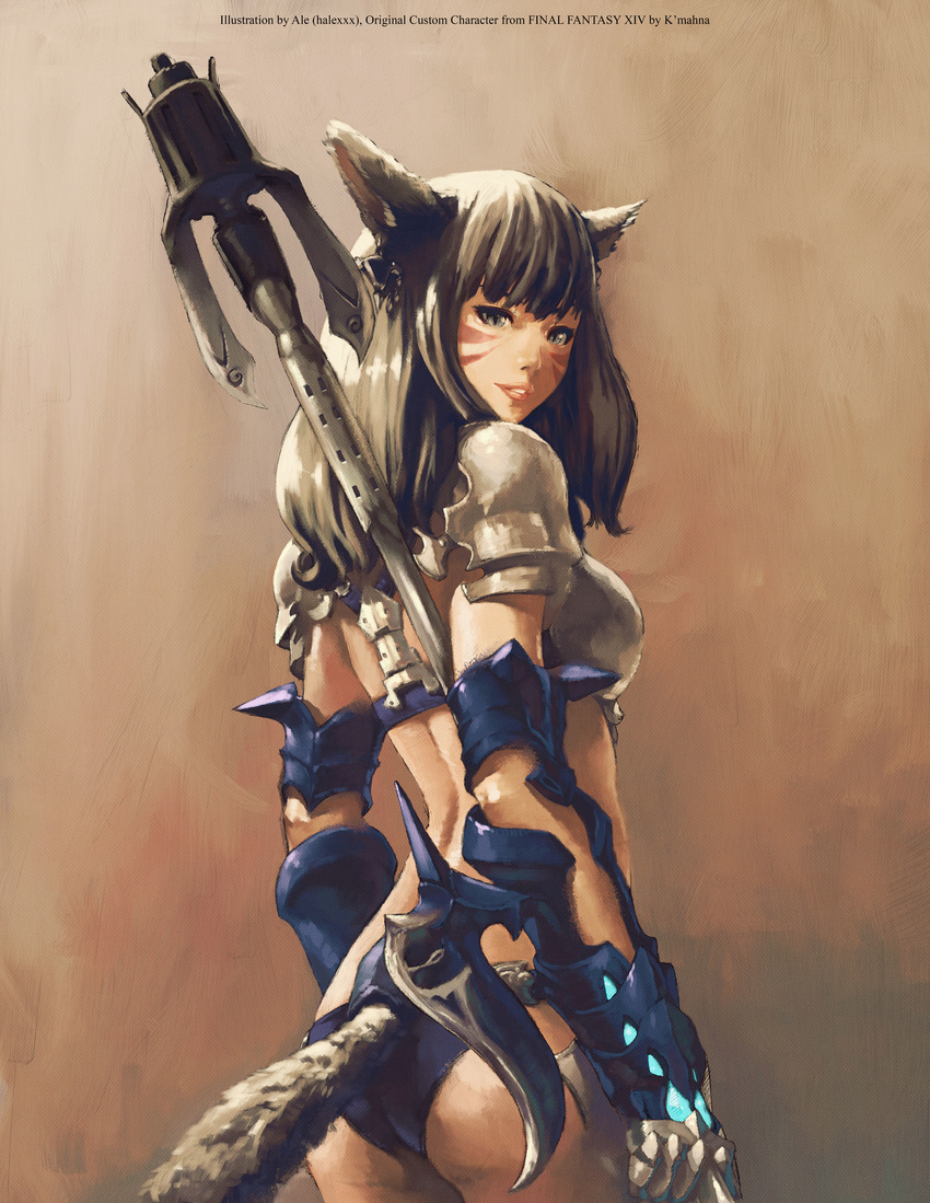 absurdres ale_(ale_halexxx) animal_ears armor ass bikini_armor brown_eyes brown_hair cat_ears cat_tail dragoon_(final_fantasy) facial_mark final_fantasy final_fantasy_xiv from_behind highres long_hair looking_at_viewer miqo'te parted_lips slit_pupils smile solo tail