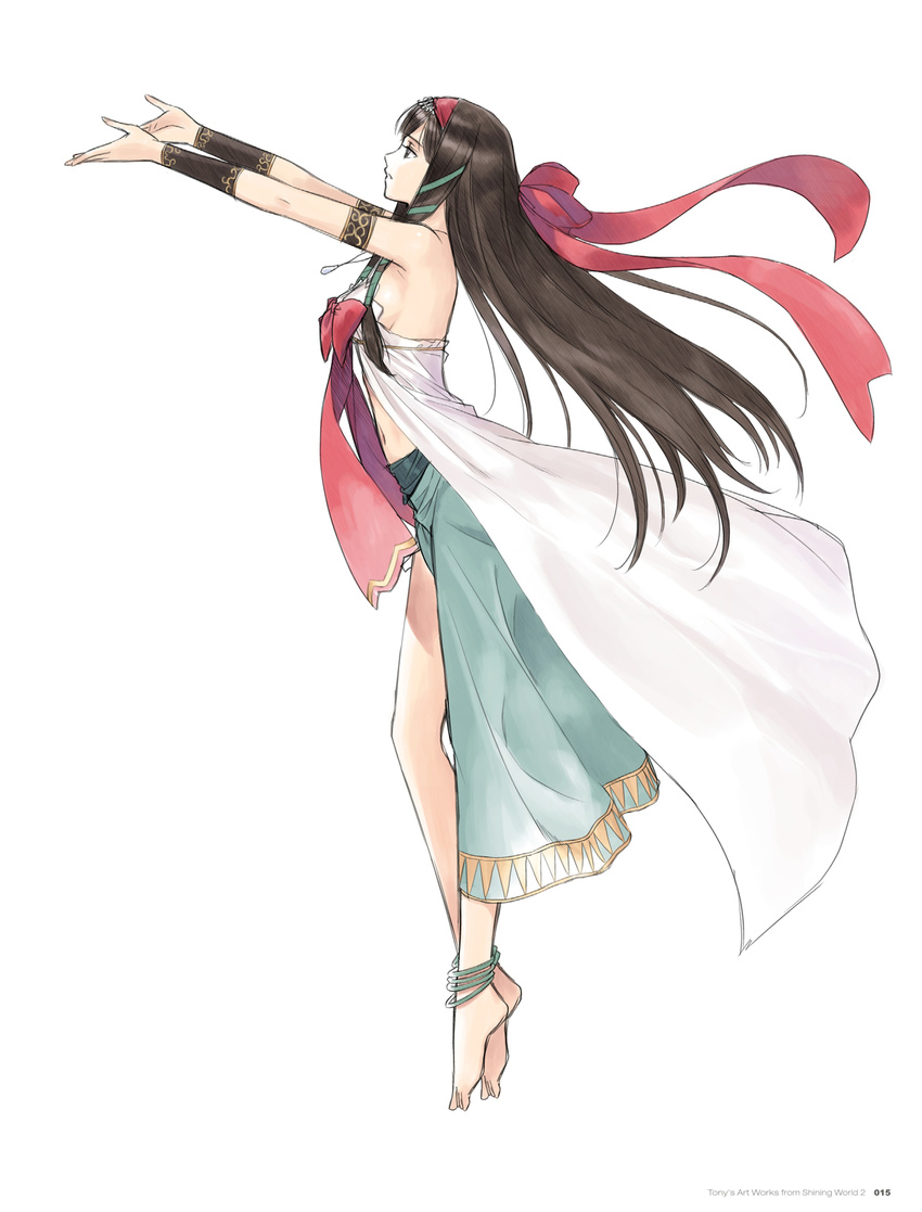 anklet armband bangle bare_shoulders barefoot black_eyes bow bracelet breasts brown_hair error feet full_body hair_ribbon hairband highres jewelry kaguya_(shining_hearts) legs long_hair long_legs long_skirt medium_breasts midriff navel official_art outstretched_arms profile ribbon shining_(series) shining_hearts sideboob simple_background skirt solo strapless tanaka_takayuki white_background