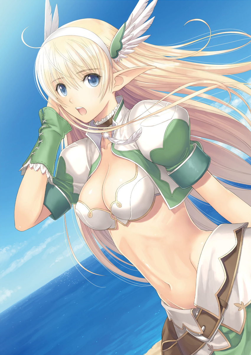 adjusting_hair belt belt_pouch blonde_hair blue_eyes blue_sky breasts choker cleavage cleavage_cutout cloud cloudy_sky day dutch_angle elf elwing feathers fingerless_gloves frilled_choker frills gloves green_gloves groin hairband head_wings highres large_breasts long_hair midriff navel ocean pointy_ears pouch puffy_short_sleeves puffy_sleeves shining_(series) shining_ark short_sleeves skirt sky solo tanaka_takayuki water