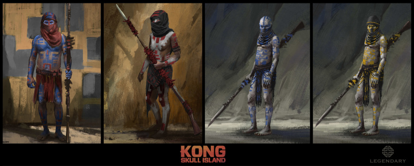 1girl 3boys bald bodypaint breasts concept_art dennis_chan godzilla_(series) gun iwi king_kong_(series) legendary_pictures monsterverse multiple_boys official_art polearm small_breasts spear tattoo topless tribal tribal_tattoo weapon