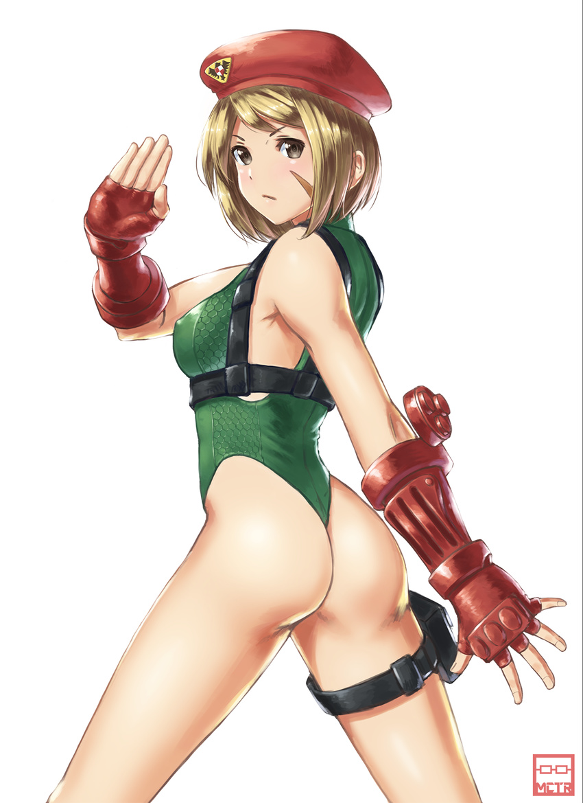 ass beret blonde_hair breasts cammy_white cammy_white_(cosplay) cosplay covered_nipples djeeta_(granblue_fantasy) fighting_stance fingerless_gloves from_side garrison_cap gloves granblue_fantasy green_leotard hat highleg highleg_leotard highres leotard looking_at_viewer medium_breasts michitarou ribbed_leotard serious short_hair simple_background solo street_fighter thighs thong_leotard white_background