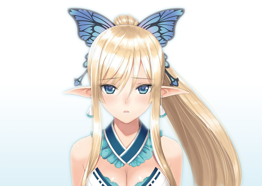 bare_shoulders blonde_hair blue_eyes breasts butterfly_hair_ornament cleavage earrings elf eyebrows_visible_through_hair face gradient gradient_hair hair_ornament highres japanese_clothes jewelry kirika_towa_alma large_breasts long_hair looking_at_viewer multicolored_hair open_mouth pointy_ears ponytail shining_(series) shining_resonance smile solo tanaka_takayuki upper_body