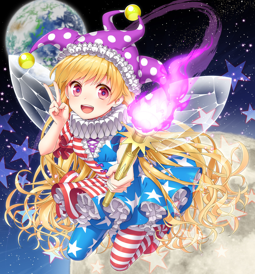 american_flag_dress american_flag_legwear blonde_hair clownpiece dress ear earth embellished_costume fairy_wings fire floating_hair frilled_hat frills hat highres jester_cap kuronohana long_hair looking_at_viewer moon neck_ruff open_mouth pantyhose petticoat polka_dot red_eyes short_dress smile solo space star striped striped_legwear teeth torch touhou v very_long_hair wavy_hair wings