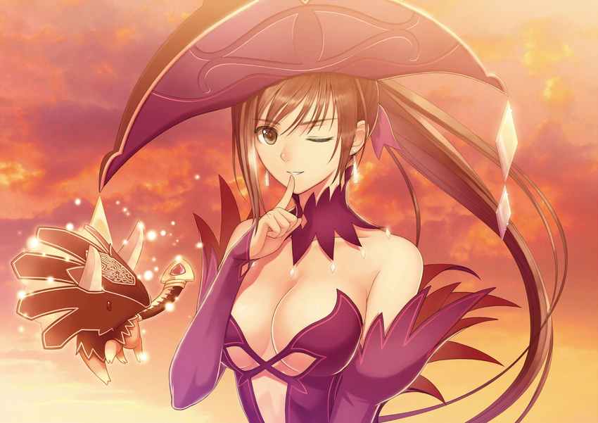 bare_shoulders breasts brown_hair cleavage cloud cloudy_sky collarbone detached_collar detached_sleeves dress elbow_gloves finger_to_mouth fingerless_gloves gloves hand_up hat highres large_breasts long_hair looking_at_viewer no_bra one_eye_closed panties ponytail shining_(series) shining_ark sky smile solo tanaka_takayuki underwear viola_(shining_ark)
