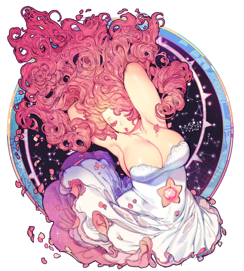:o armpits arms_behind_head arms_up artist_name big_hair breasts cleavage closed_eyes colored_eyelashes constellation curly_hair dress eyelashes floating_hair gem highres large_breasts long_hair navel_cutout outside_border parted_lips petals pigeon666 pink_hair rose_quartz_universe round_image solo sparkle star_(sky) steven_universe strapless strapless_dress upper_body very_long_hair white_dress