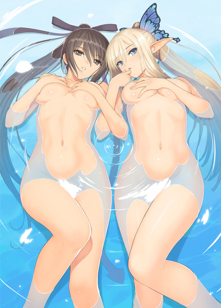 blonde_hair blue_eyes breasts brown_eyes brown_hair butterfly_hair_ornament covering covering_breasts earrings hair_ornament hair_ribbon hand_to_own_mouth highres jewelry kirika_towa_alma leg_up long_hair lying maxima_enfield medium_breasts multiple_girls navel nude parted_lips partially_submerged pointy_ears ponytail ribbon shining_(series) shining_blade shining_resonance tanaka_takayuki underboob very_long_hair