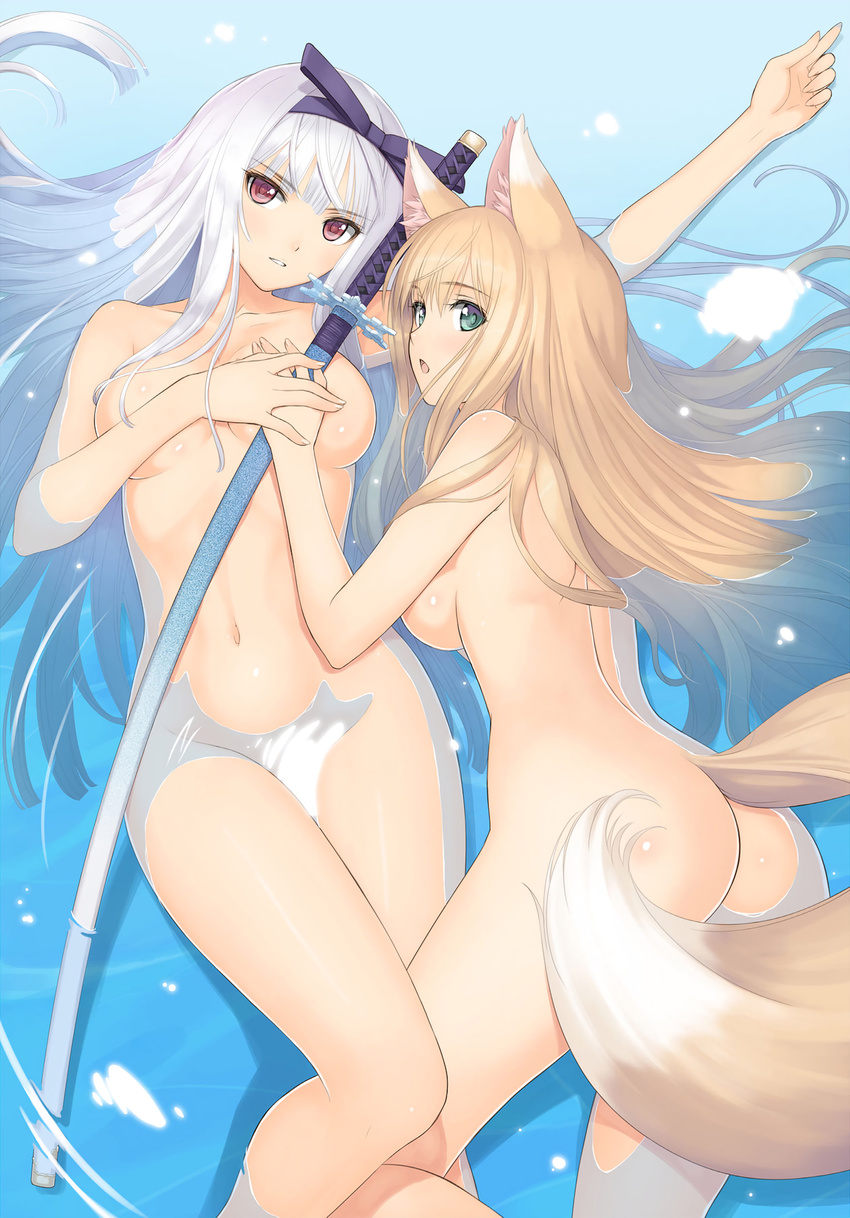 animal_ears ass blonde_hair breasts convenient_censoring green_eyes hair_ribbon hand_on_another's_chest hand_on_own_chest hayane_fubuki highres long_hair lorna_(shining_hearts) lying medium_breasts multiple_girls navel nude on_back parted_lips partially_submerged purple_eyes ribbon shining_(series) shining_hearts shining_tears sideboob smile tail take_your_pick tanaka_takayuki white_hair