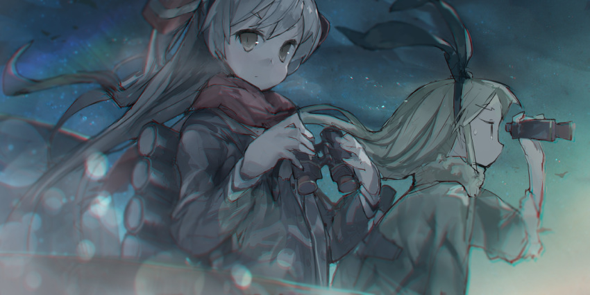 2girls amatsukaze_(kantai_collection) bangs binoculars blonde_hair brown_eyes closed_mouth hair_ornament hair_tubes hairband holding holding_binoculars jacket kantai_collection long_hair long_sleeves looking_at_viewer multiple_girls night outdoors ph. red_scarf rigging scarf shimakaze_(kantai_collection) silver_hair sky star_(sky) starry_sky sweat torpedo torpedo_tubes twintails windsock