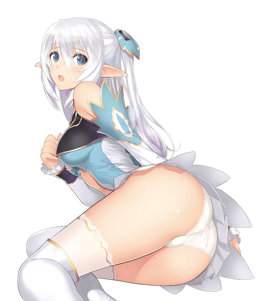 altina_(shining_blade) arm_behind_back ass bare_shoulders blade_arcus_from_shining blue_eyes boots breasts center_opening detached_sleeves elf eyebrows eyebrows_visible_through_hair hair_between_eyes hair_ornament half_updo highres large_breasts long_hair looking_at_viewer lying navel_cutout official_art on_side open_mouth panties pointy_ears shining_(series) shining_blade silver_hair simple_background sitting skirt solo tanaka_takayuki thigh_boots thighhighs trefoil turtleneck two_side_up underboob underwear white_background white_footwear white_hair white_legwear white_panties yokozuwari