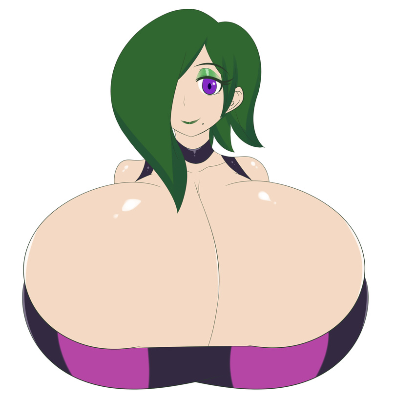 breasts bust choker gigantic_breasts green_eyeshadow green_hair green_lipstick highres jcdr kaiba lum mole purple_eyes