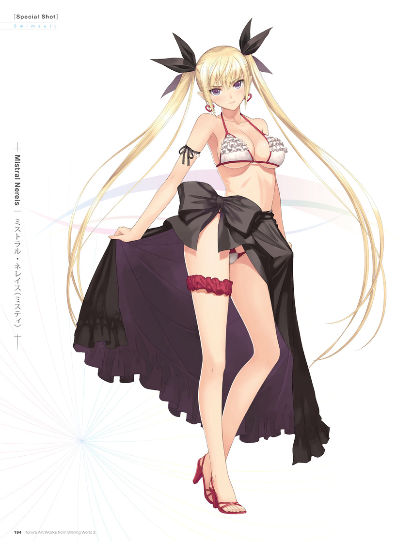 arm_ribbon bare_legs bare_shoulders bikini blonde_hair breasts cleavage collarbone contrapposto earrings frilled_bikini frills full_body hair_ornament heart heart_earrings high_heels highleg highleg_bikini highres jewelry long_hair long_legs looking_at_viewer looking_back medium_breasts mistral_nereis pointy_ears purple_eyes ribbon sandals shining_(series) shining_hearts simple_background smile solo standing string_bikini swimsuit tanaka_takayuki third-party_edit twintails very_long_hair white_bikini