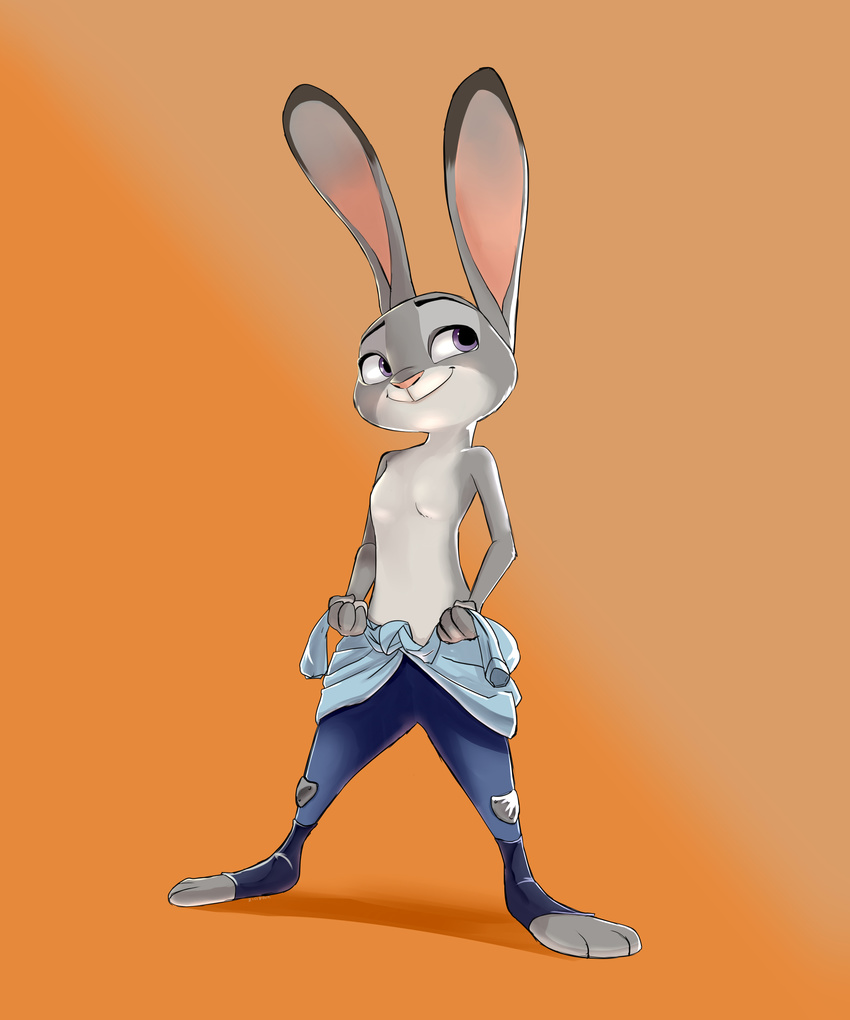 2016 abstract_background anthro breasts clothed clothing disney female lagomorph mammal pants purple_eyes rabbit small_breasts smile solo standing topless zigrock001