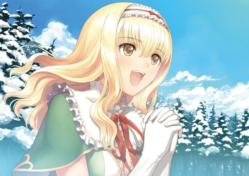 blonde_hair blue_sky bow breasts brown_eyes capelet cleavage cloud cloudy_sky collar day dress elmina_(shining_wind_x) forest frilled_shirt_collar frills gloves green_dress hairband hands_together highres large_breasts long_hair nature open_mouth pine_tree red_ribbon ribbon shining_(series) shining_wind shining_wind_x sky smile snow solo tanaka_takayuki tree upper_body white_gloves