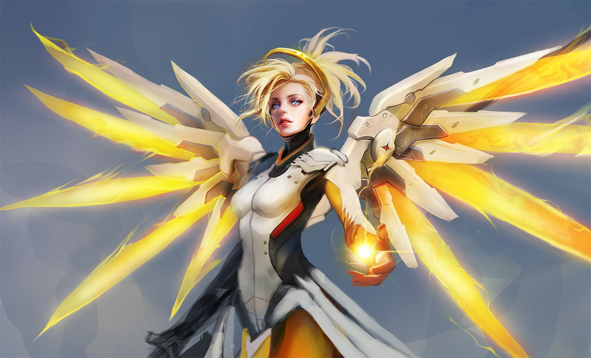 blonde_hair blue_eyes bodysuit breastplate eyeshadow lips makeup mechanical_halo mechanical_wings mercy_(overwatch) muju nose outstretched_hand overwatch pantyhose power_suit solo spread_wings wings work_in_progress yellow_wings