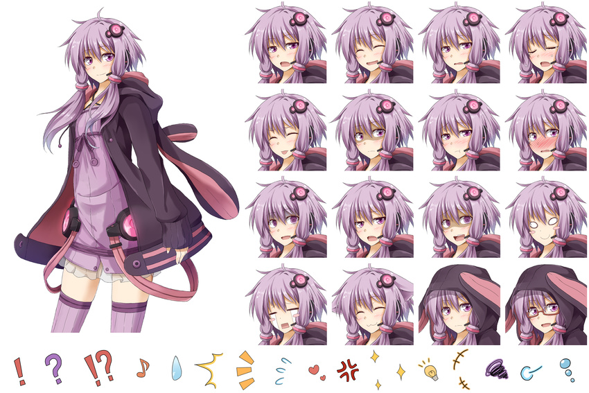 !? +++ /\/\/\ 1girl :3 :d :t =3 ? absurdres anger_vein animal_hood bespectacled blush bunny_hood closed_eyes commentary_request cowboy_shot crying crying_with_eyes_open dress eighth_note expressions flask_(pandora) flying_sweatdrops glasses hair_ornament heart highres hood hood_down hooded_jacket jacket long_sleeves looking_at_viewer multiple_views musical_note nose_blush open_clothes open_jacket open_mouth pout purple_dress purple_eyes purple_hair purple_legwear shaded_face short_hair_with_long_locks sidelocks smile sparkle squiggle sweatdrop tachi-e tears thighhighs tongue tongue_out vocaloid voiceroid white_background yuzuki_yukari
