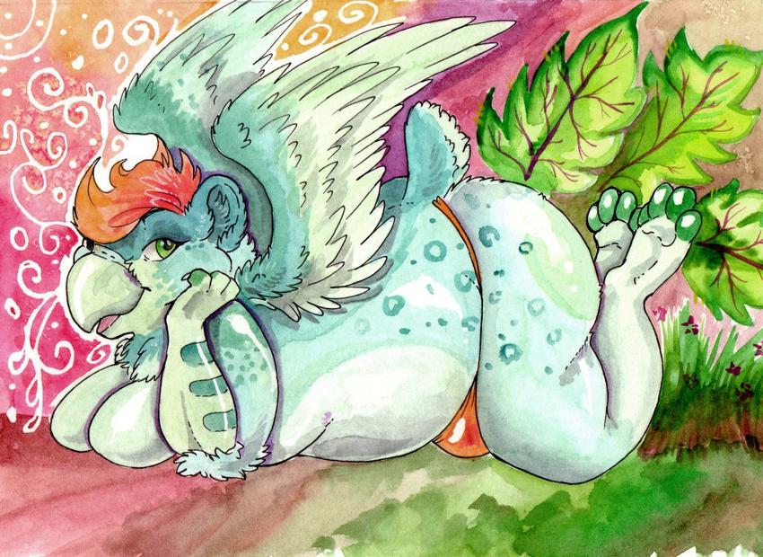 2016 anthro avian beak big_butt blue_feathers blue_fur breasts butt clothed clothing detailed_background dickgirl feathers featureless_breasts fur grass green_eyes gryphon hair intersex leaf looking_at_viewer lying on_front open_mouth pawpads raised_tail red_hair slightly_chubby smile spots thong tongue topless traditional_media_(artwork) wanderlustdragon watercolor_(artwork) white_feathers white_fur