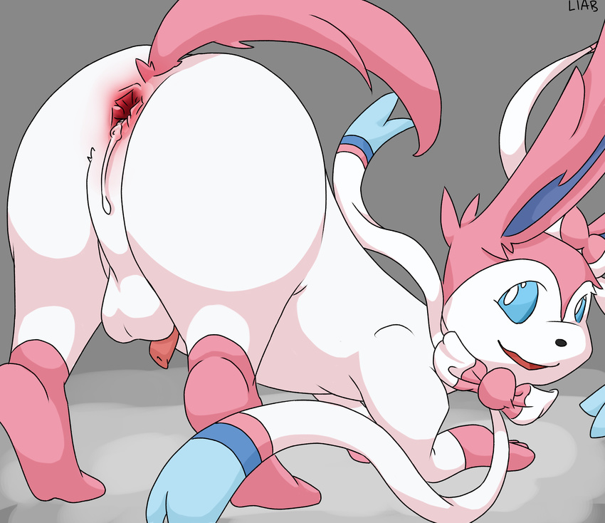 2016 anal anus ass_up backsack balls butt cum cum_in_ass cum_inside digital_drawing_(artwork) digital_media_(artwork) eeveelution feral gaping gaping_anus hi_res livesinabag_(artist) looking_back male male/male mammal nintendo penis perineum pok&eacute;mon ribbons solo sylveon video_games