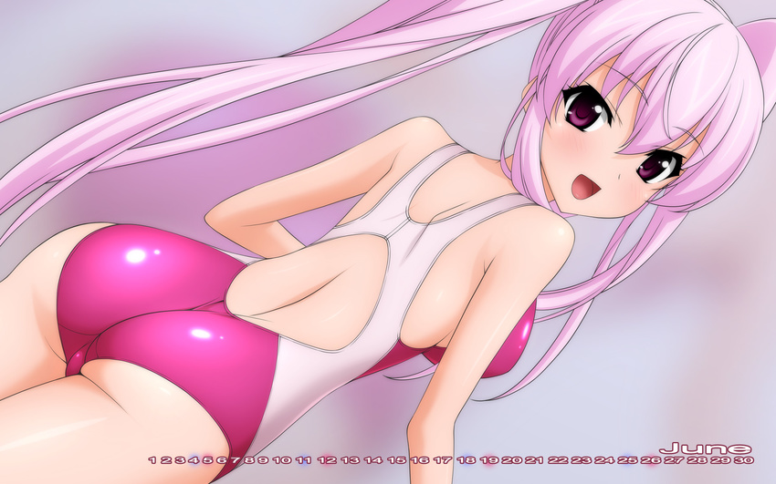 ass calendar_(medium) competition_swimsuit from_behind highres june long_hair looking_at_viewer looking_back one-piece_swimsuit original pink_hair pink_swimsuit purple_eyes solo sugimura_tomokazu swimsuit twintails