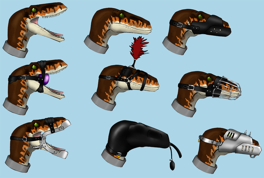 abuse ball_gag bdsm blindfold bondage bound dein-ra dinosaur falconry_hood forced gag hood muzzle_(object) raptor rubber simple_background tagme theropod tongue tongue_out