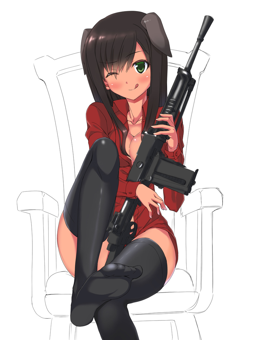 ;q a9b_(louis814) absurdres animal_ears breasts breda_30 brown_hair cleavage commentary_request dog_ears federica_n_doglio feet green_eyes gun highres large_breasts long_hair one_eye_closed open_clothes open_shirt shirt sitting solo thighhighs tongue tongue_out unbuttoned weapon world_witches_series