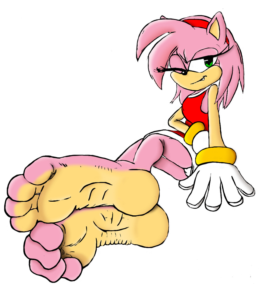 4toes amy_rose anthro barefoot clothing feet feetymcfoot_(artist) foot_fetish foot_focus gloves green_eyes hedgehog mammal one_eye_closed paws skirt smile soles solo sonic_(series) toes wink