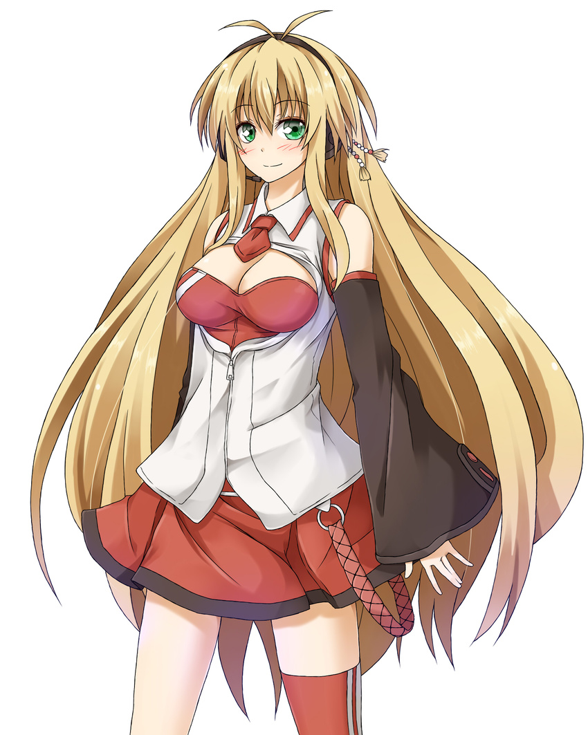 antenna_hair bare_shoulders blonde_hair blush breasts cleavage cleavage_cutout commentary_request cowboy_shot detached_sleeves flask_(pandora) green_eyes headphones highres long_hair long_sleeves looking_at_viewer medium_breasts necktie red_legwear red_neckwear red_skirt shirt simple_background single_thighhigh skirt smile solo tachi-e thighhighs tsurumaki_maki unzipped very_long_hair voiceroid white_background white_shirt wide_sleeves