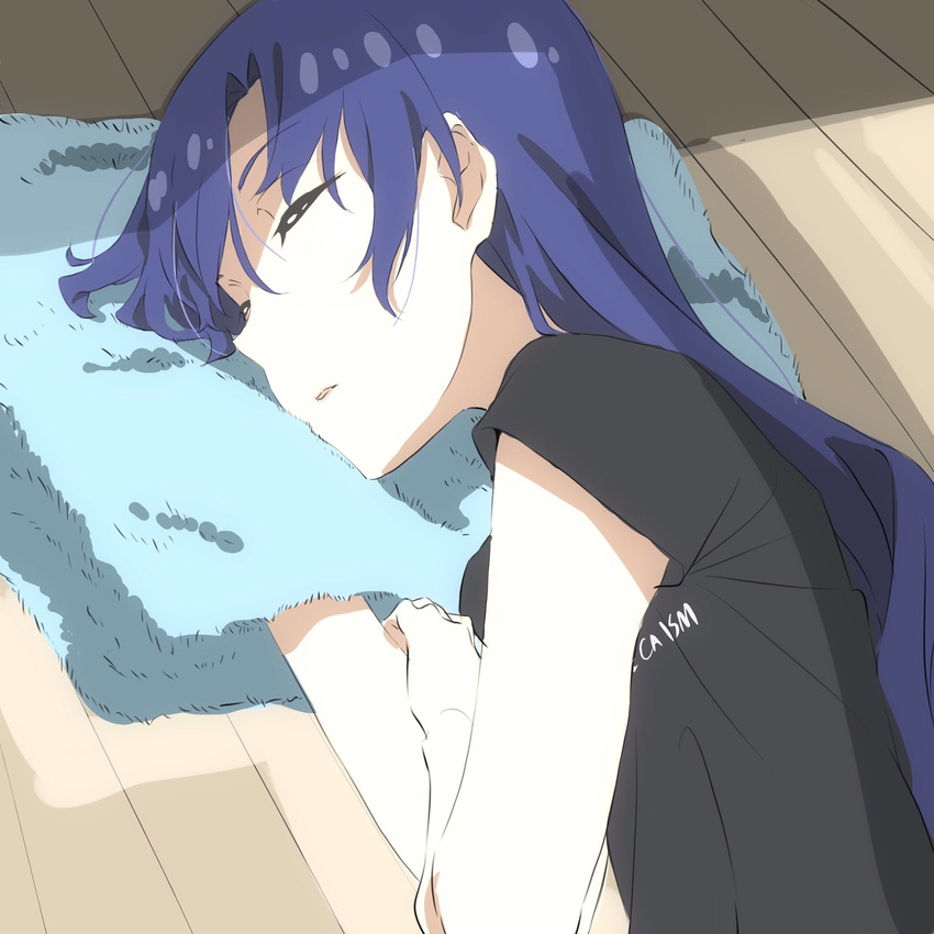 blue_hair closed_eyes highres idolmaster idolmaster_(classic) kengo kisaragi_chihaya long_hair lying on_floor on_side parted_lips shirt sketch sleeping solo t-shirt wooden_floor