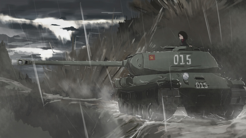 black_hair clouds girls_und_panzer military monochrome nonna oshiro rain water