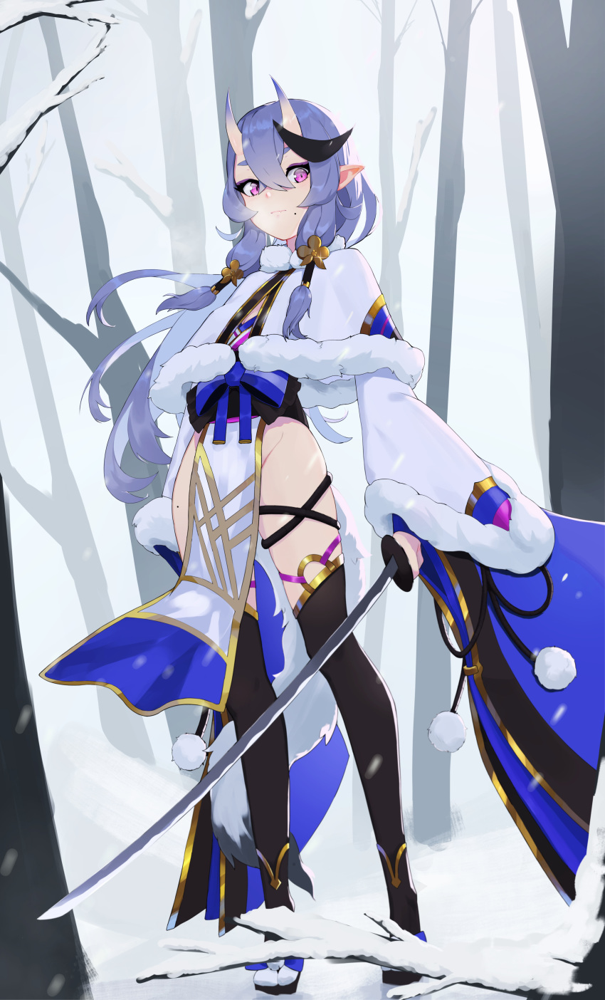 1girl absurdres bangs black_legwear blue_bow bow breasts capelet cleavage eyeshadow full_body fur-trimmed_sleeves fur_trim geta grey_hair hair_between_eyes hair_tubes highres holding holding_sword holding_weapon horns japanese_clothes katana kimono long_hair long_sleeves looking_at_viewer makeup mole mole_under_mouth nijisanji no_panties obi oni oni_horns pelvic_curtain pointy_ears purple_eyes rindou_mikoto sash sleeves_past_wrists snow solo standing super_h2o sword tabi thigh_mole thigh_strap thighhighs tree very_long_hair virtual_youtuber weapon white_capelet wide_sleeves winter