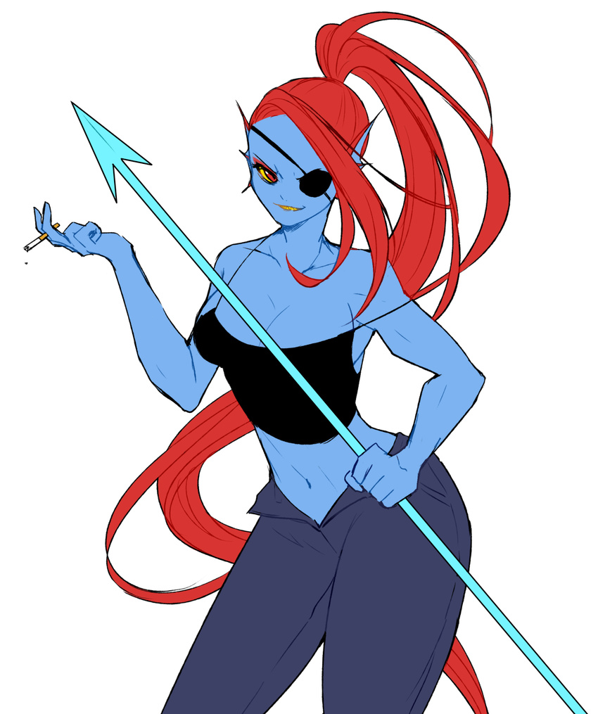 bad_id bad_tumblr_id blue_skin breasts cigarette cleavage collarbone cowboy_shot denim energy_spear energy_weapon eyepatch eyeshadow head_fins highres long_hair makeup medium_breasts monster_girl navel off_shoulder polearm ponytail red_eyes red_hair sharp_teeth simple_background smile solo spaghetti_strap spear tank_top teeth unbuttoned undertale undyne very_long_hair weapon white_background yamtteng yellow_sclera