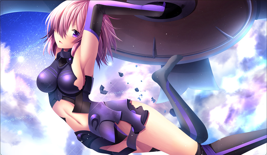 armor breasts clouds cropped fate/grand_order fate_(series) gloves matthew matthew_kyrielite pink_hair purple_eyes short_hair sky stars stockings thighhighs toshi underboob waifu2x