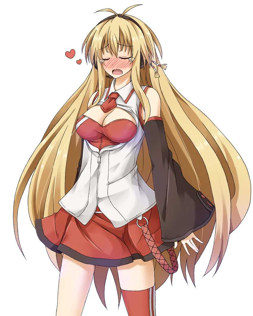 antenna_hair bare_shoulders blonde_hair blush breasts cleavage cleavage_cutout closed_eyes commentary_request cowboy_shot crying detached_sleeves flask_(pandora) headphones heart highres long_hair long_sleeves looking_at_viewer medium_breasts necktie nose_blush open_mouth red_legwear red_neckwear red_skirt shirt simple_background single_thighhigh skirt solo tachi-e tears thighhighs tsurumaki_maki unzipped very_long_hair voiceroid white_background white_shirt wide_sleeves
