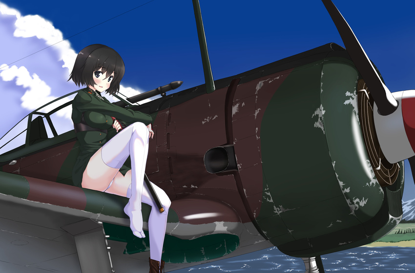 a9b_(louis814) absurdres aircraft airplane black_hair blue_eyes commentary_request highres katana katou_takeko ki-43_hayabusa looking_at_viewer military military_uniform panties pantyshot parted_lips propeller shoes short_hair single_shoe sitting solo sword thighhighs underwear uniform weapon white_panties world_witches_series