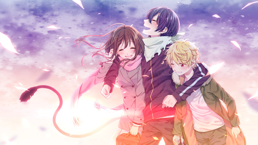 2boys blonde_hair blue_eyes blue_hair blush brown_hair child hug iki_hiyori long_hair long_sleeves multiple_boys noragami orange_eyes pink_eyes scarf short_hair smile standing sweatdrop track_jacket yato_(noragami) yukine_(noragami)