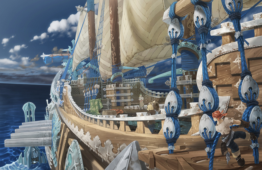 absurdres boat cloud day highres multiple_boys ocean official_art pirate ship short_hair the_last_story watercraft