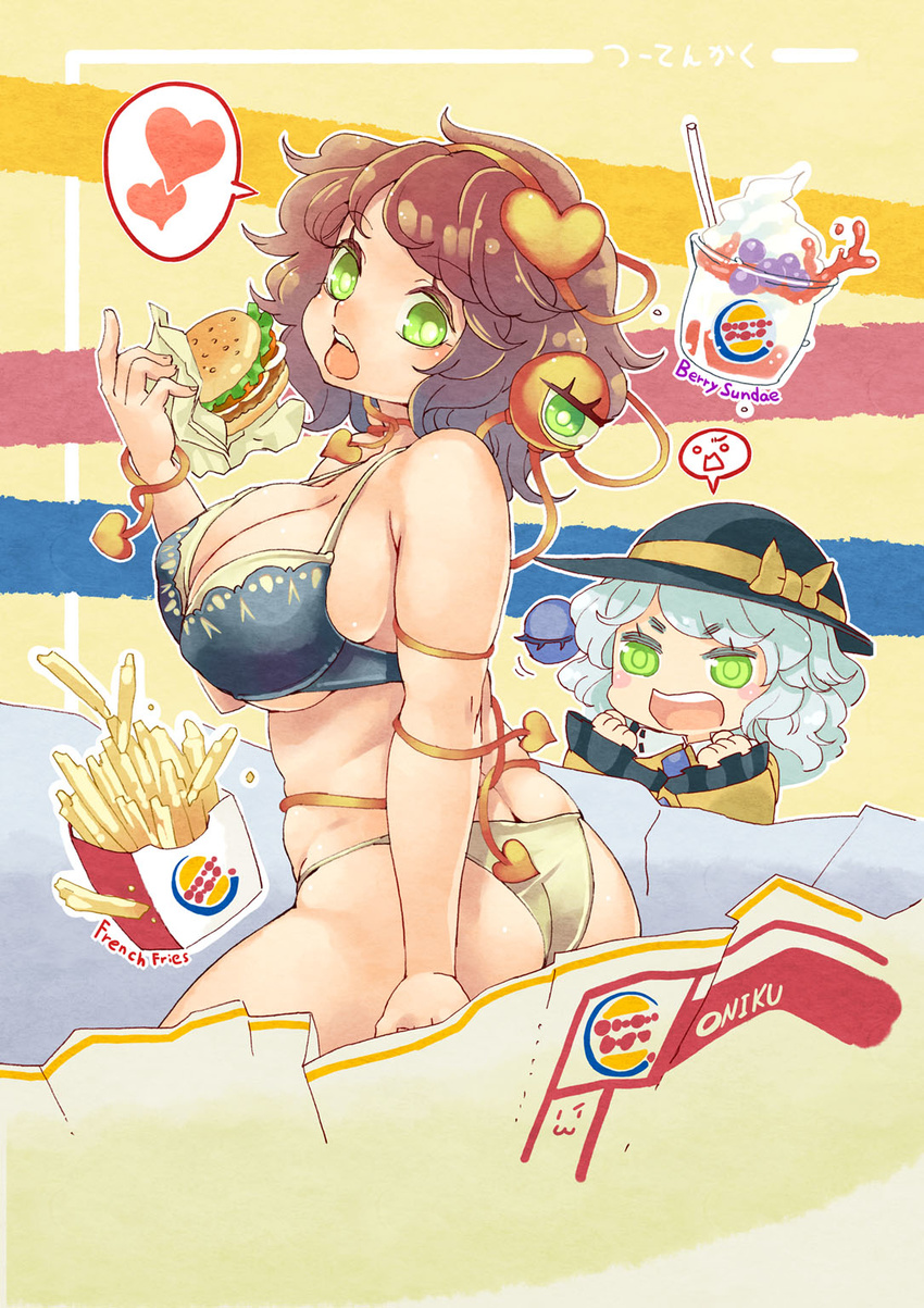 blush_stickers bra breasts burger_king eyeball food french_fries green_eyes green_hair hairband hamburger heart highres komeiji_koishi komeiji_satori large_breasts long_sleeves looking_at_viewer looking_back multiple_girls open_mouth panties plump purple_hair short_hair siblings sisters string third_eye touhou tsuutenkaaku underwear