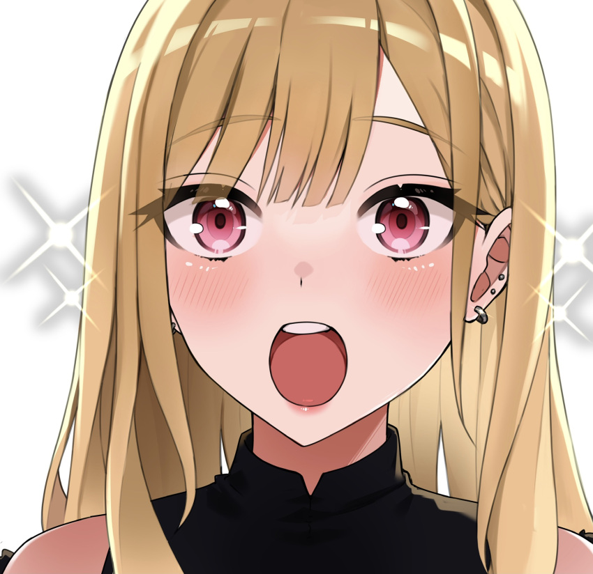 1girl :o bangs bare_shoulders black_shirt blonde_hair blush close-up ear_piercing earrings eyebrows_visible_through_hair highres jewelry kitagawa_marin long_hair looking_ahead open_mouth piercing portrait red_eyes shirt sleeveless sleeveless_shirt solo sono_bisque_doll_wa_koi_wo_suru sparkle straight_hair surprised tate_yukimi teeth upper_body upper_teeth