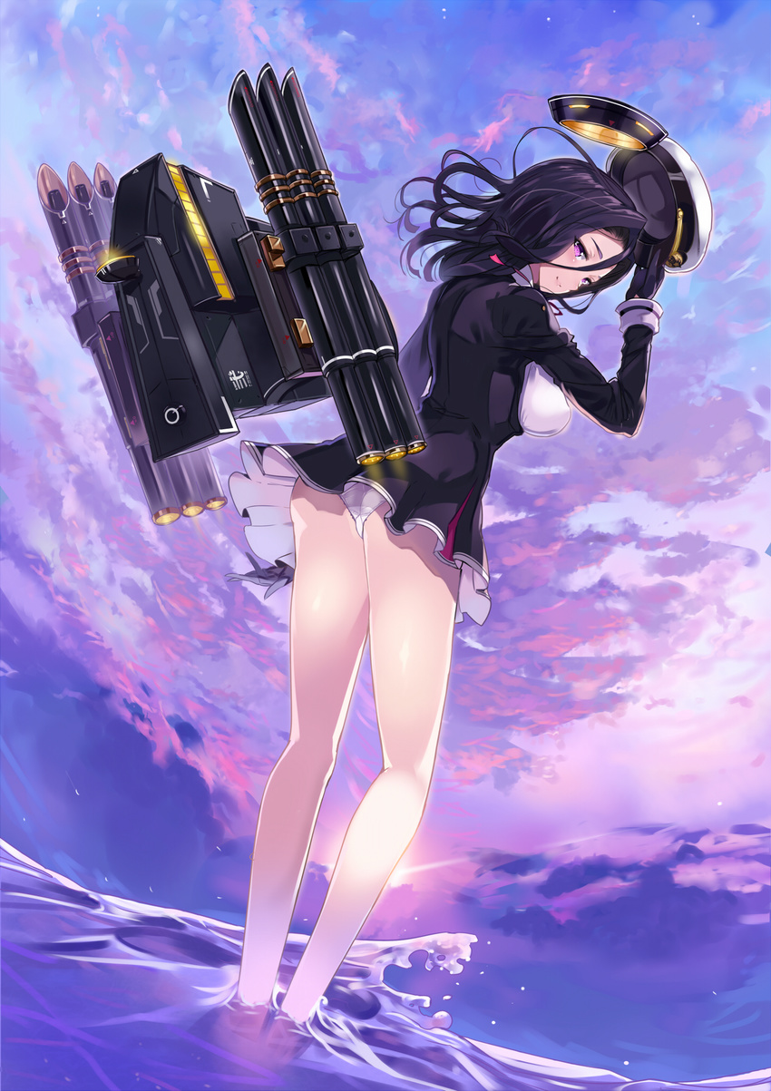 arm_up black_gloves black_hair breasts cloud cloudy_sky gloves hair_intakes hat highres kantai_collection large_breasts long_sleeves looking_at_viewer machinery mechanical_halo ocean panties peaked_cap purple_eyes ribbon sky smile solo sora-bozu standing sun tatsuta_(kantai_collection) underwear wading water white_panties