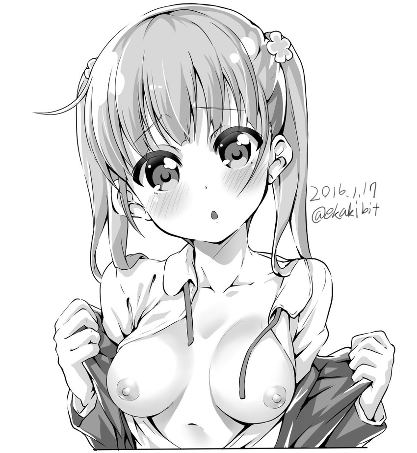 :o blouse blush breasts ekakibito eyebrows eyebrows_visible_through_hair flower greyscale hair_flower hair_ornament highres image_sample md5_mismatch medium_breasts monochrome new_game! open_blouse open_clothes pixiv_sample solo suzukaze_aoba twintails